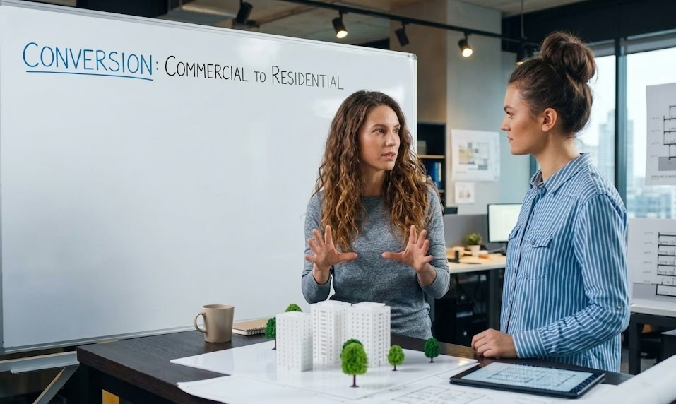 Two women discussing commercial to residential conversion with architectural models in modern office setting