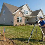 Surveyors measuring land outside a modern house using equipment and colourful markers for construction planning