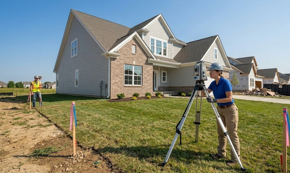 Surveyors measuring land outside a modern house using equipment and colourful markers for construction planning