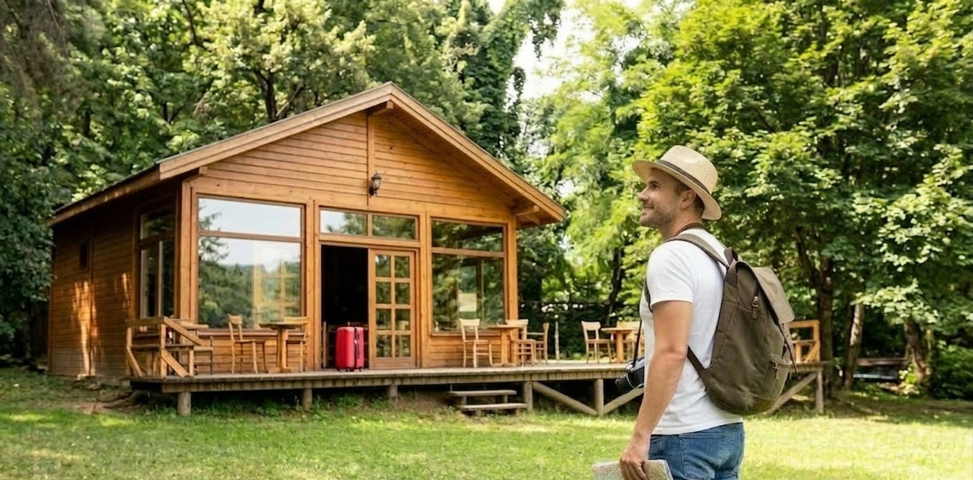 Man with backpack and hat stands outside a wooden cabin surrounded by lush greenery