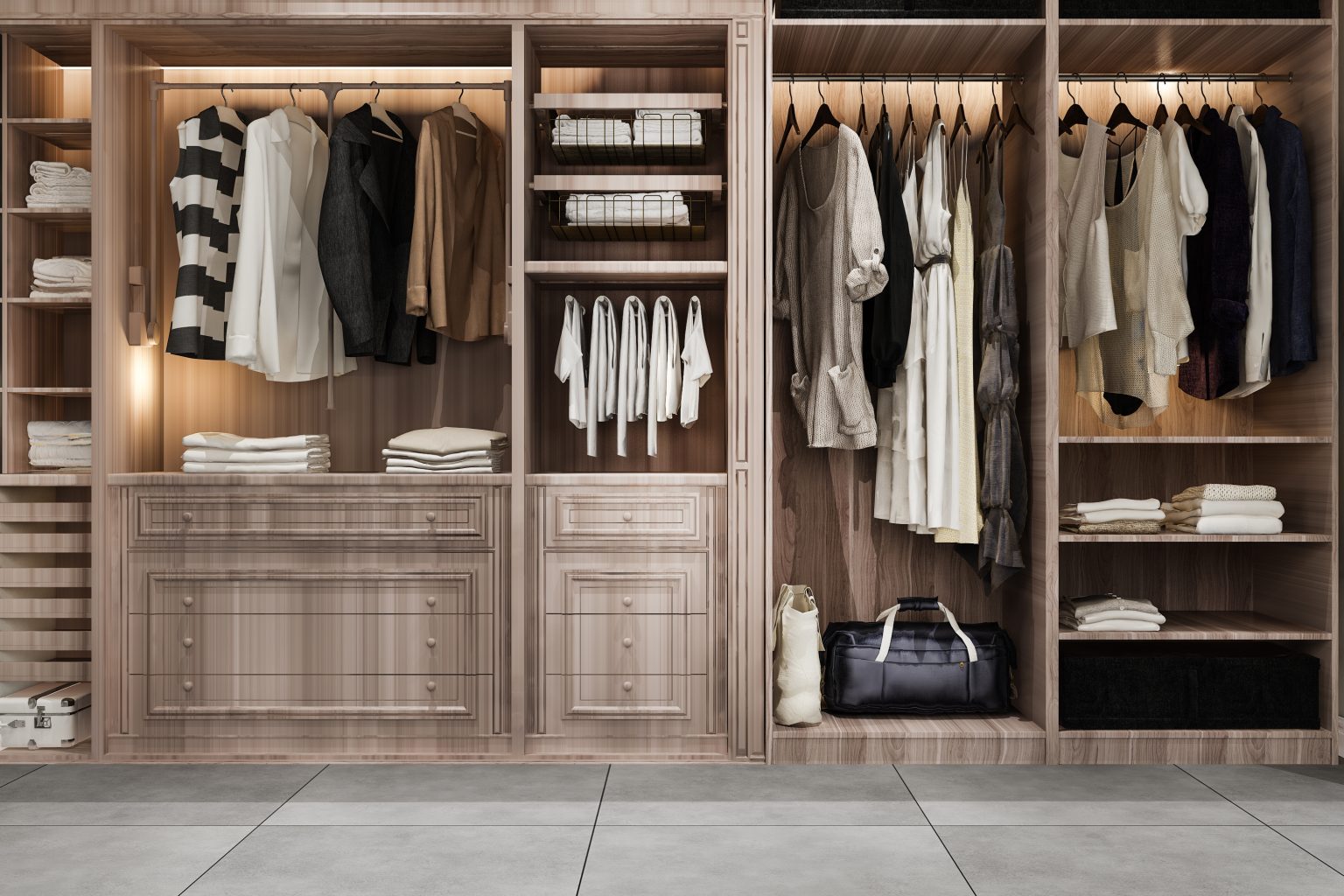 Modern wooden wardrobe with neatly organised clothes, drawers, and shelves for a stylish bedroom storage solution