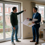 Estate agent discussing property plans with homeowner near garden exit