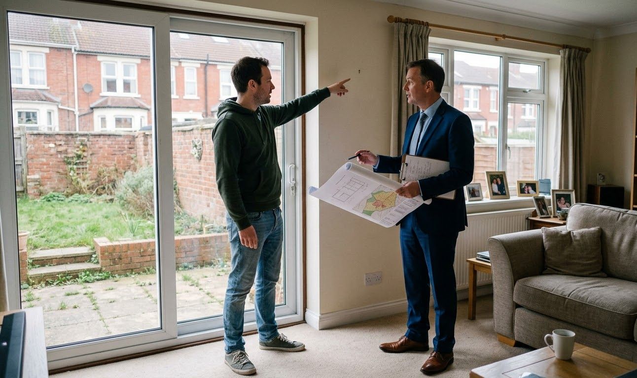 Estate agent discussing property plans with homeowner near garden exit