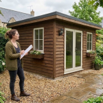 Woman assessing cosy garden office with wooden exterior and glass doors surrounded by lush greenery