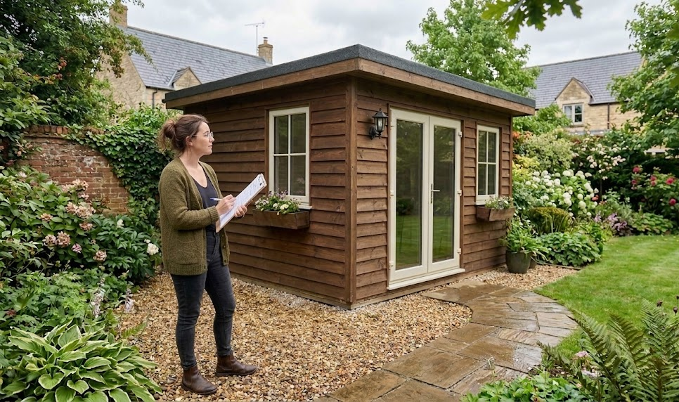 Woman assessing cosy garden office with wooden exterior and glass doors surrounded by lush greenery